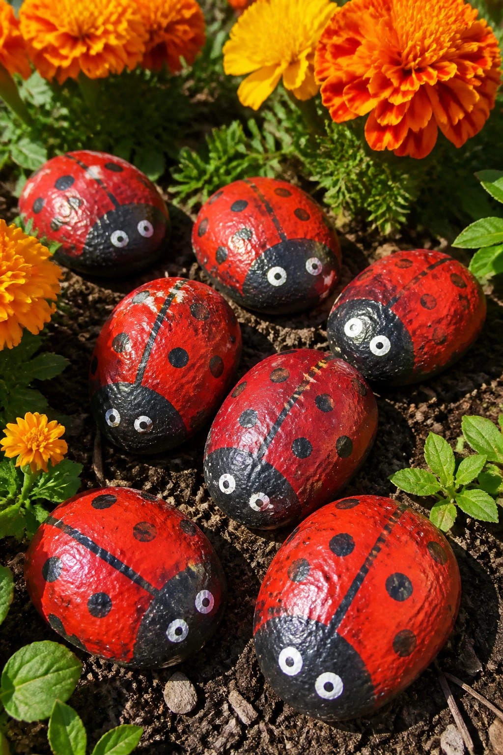 Painted red ladybug rocks with black spots among orange flowers in soil.