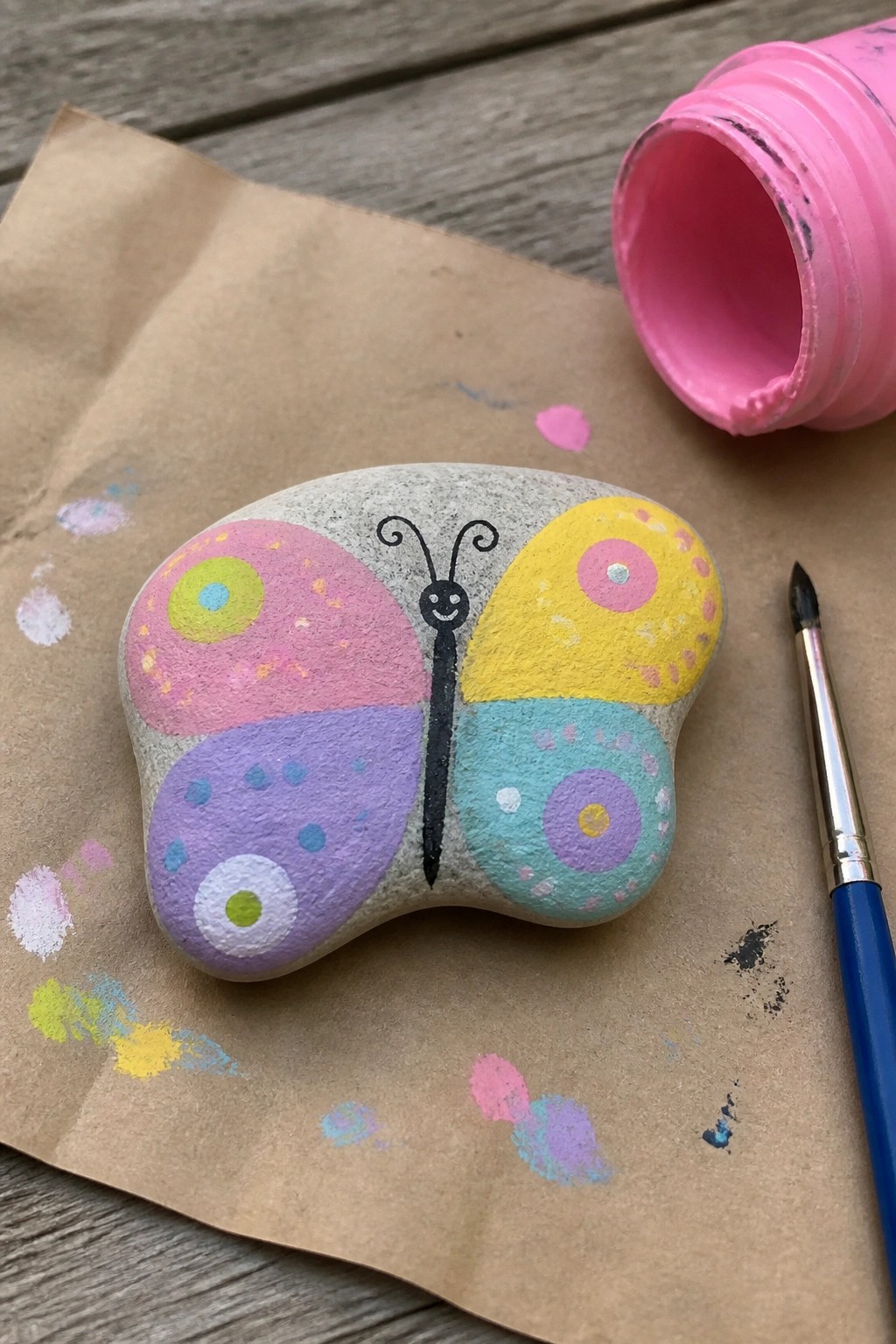 Colorful butterfly painted on stone beside open pink paint jar and brush