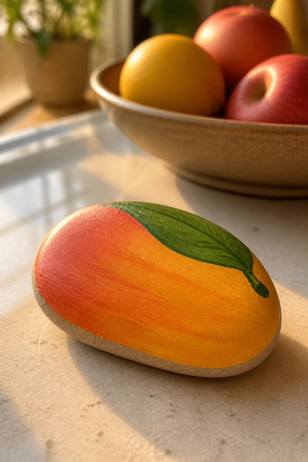 Painted stone resembling mango with green leaf near bowl of apples
