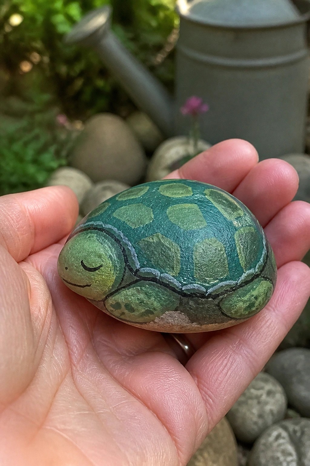 Hand holding green painted rock turtle with smiling face and shell pattern