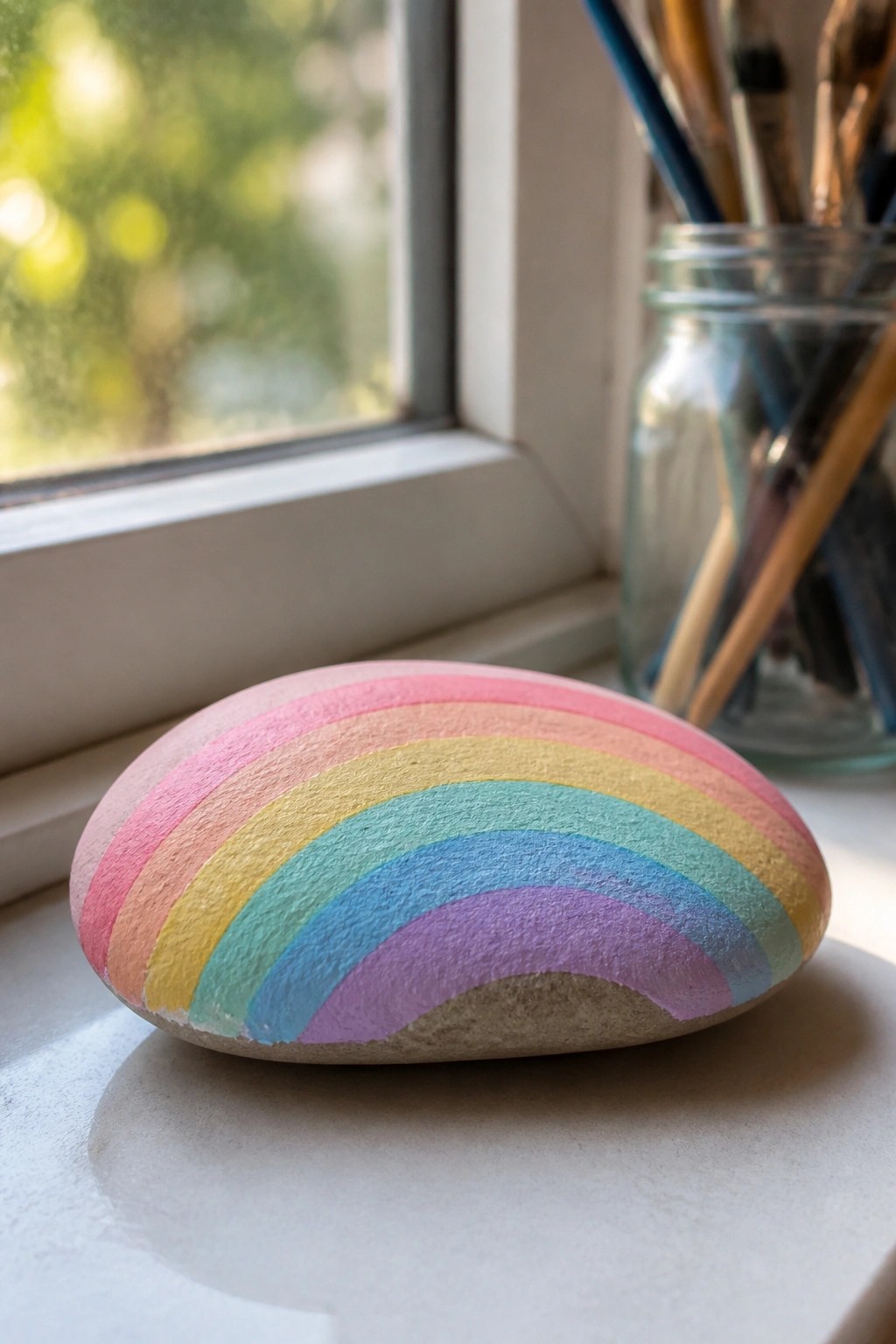Rainbow-painted stone with colorful stripes on windowsill near paintbrush jar