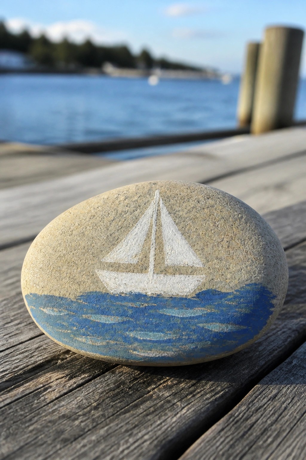 Painted pebble with white sailboat on blue waves atop wooden dock planks.
