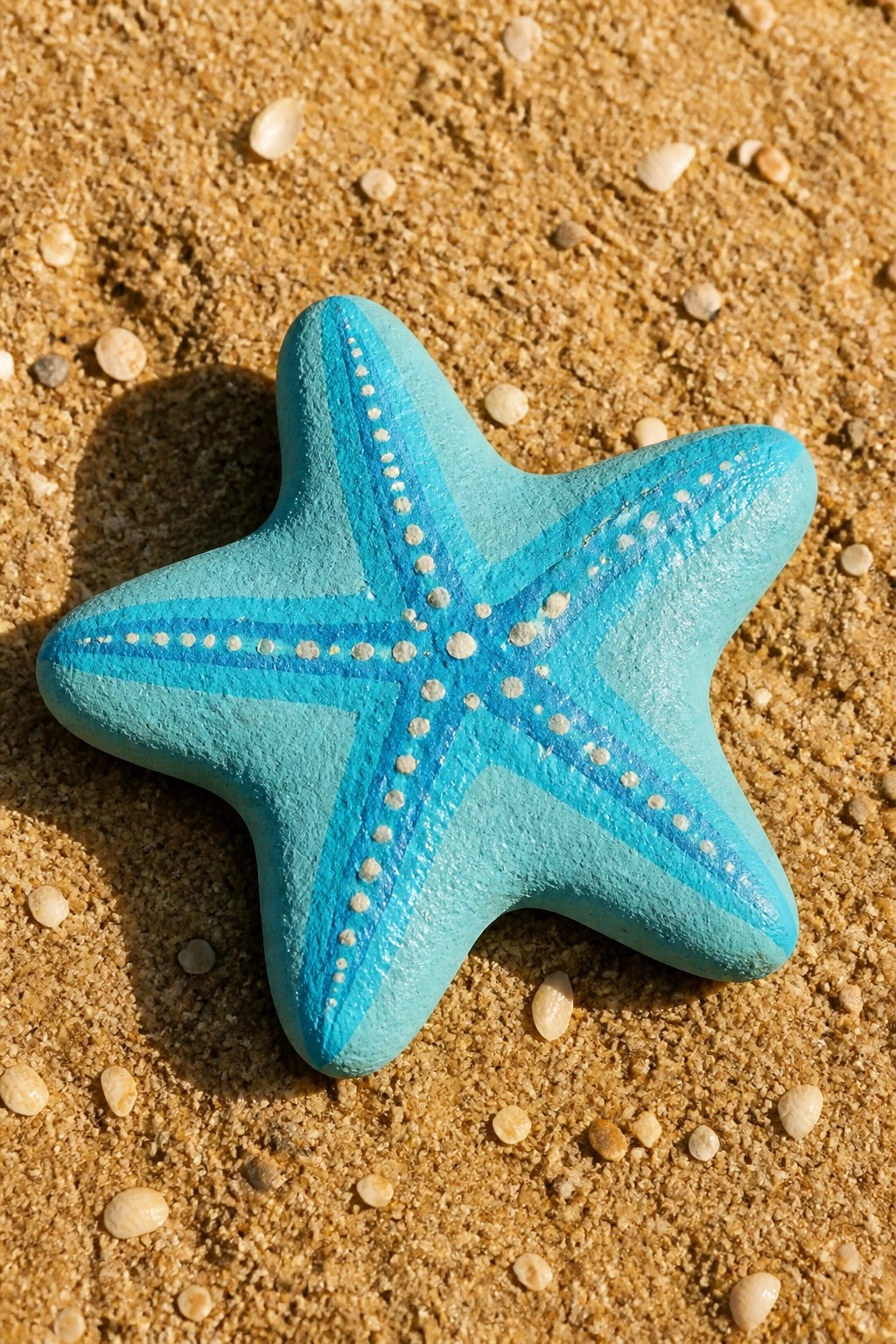 Turquoise starfish with blue stripes and white dots on beach sand