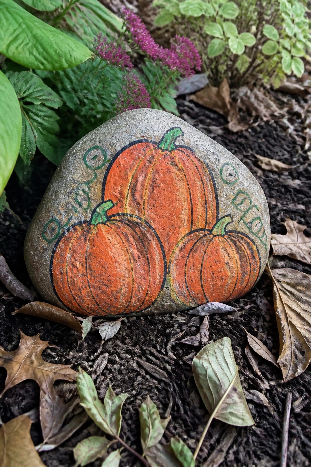 Painted gray rock with three orange pumpkins and green lettering amid autumn leaves