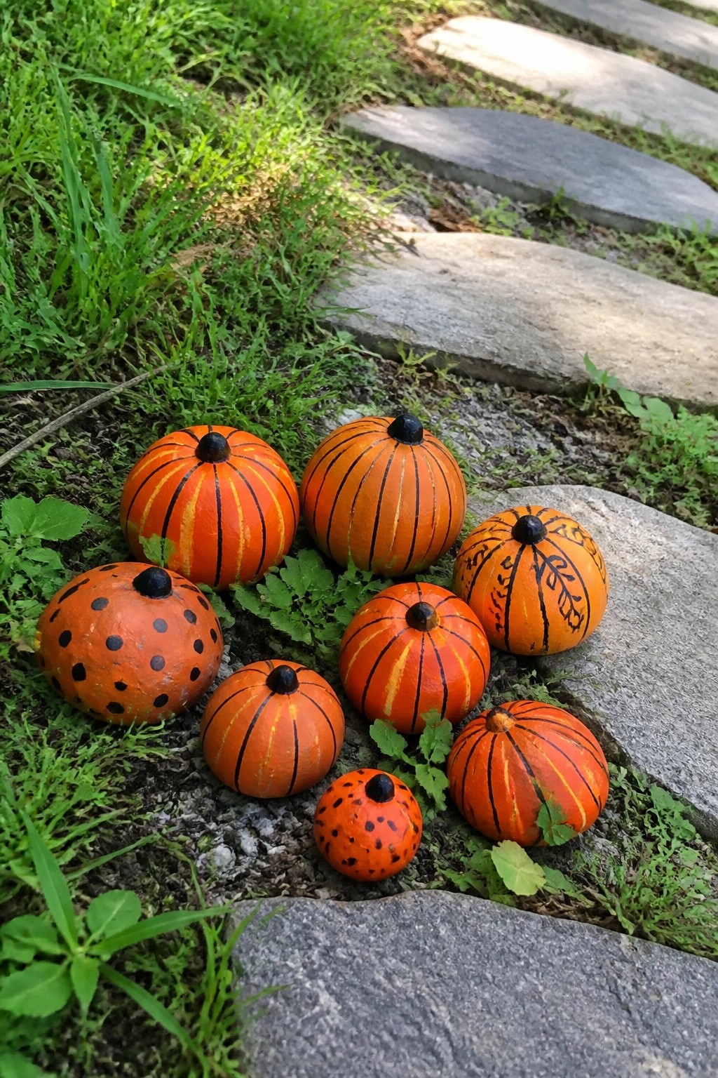Assorted hand-painted orange pumpkins with black designs on grass by stone steps.