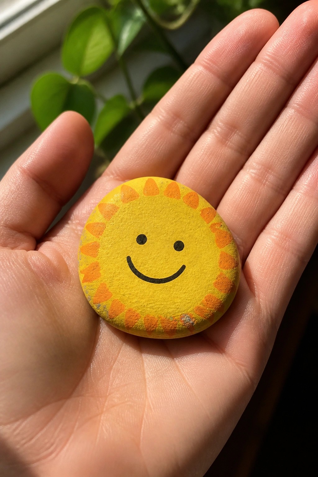 Hand holding yellow painted sun rock with orange rays and smiling face.