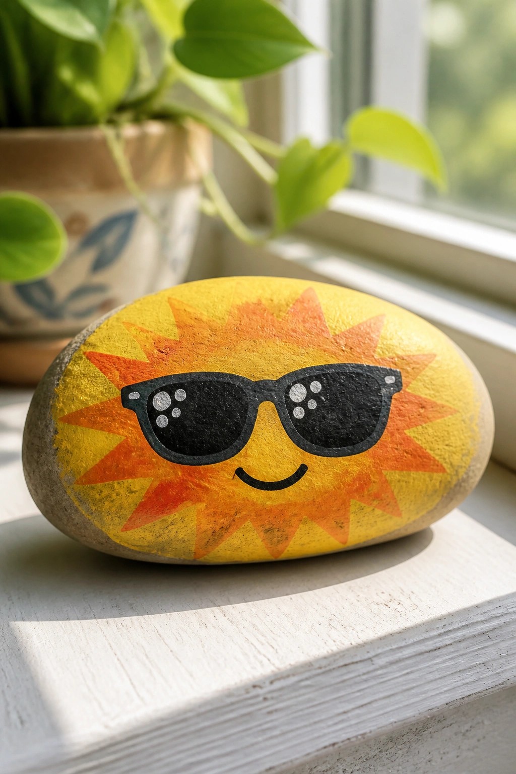 A yellow painted rock with orange sun rays, black sunglasses, and a smile rests on a white windowsill beside a potted plant.