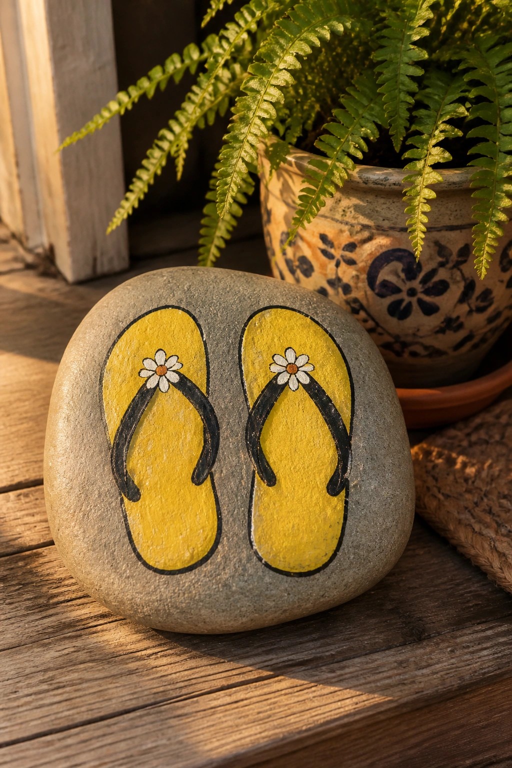 Gray stone painted with yellow flip-flops and daisies beside potted fern