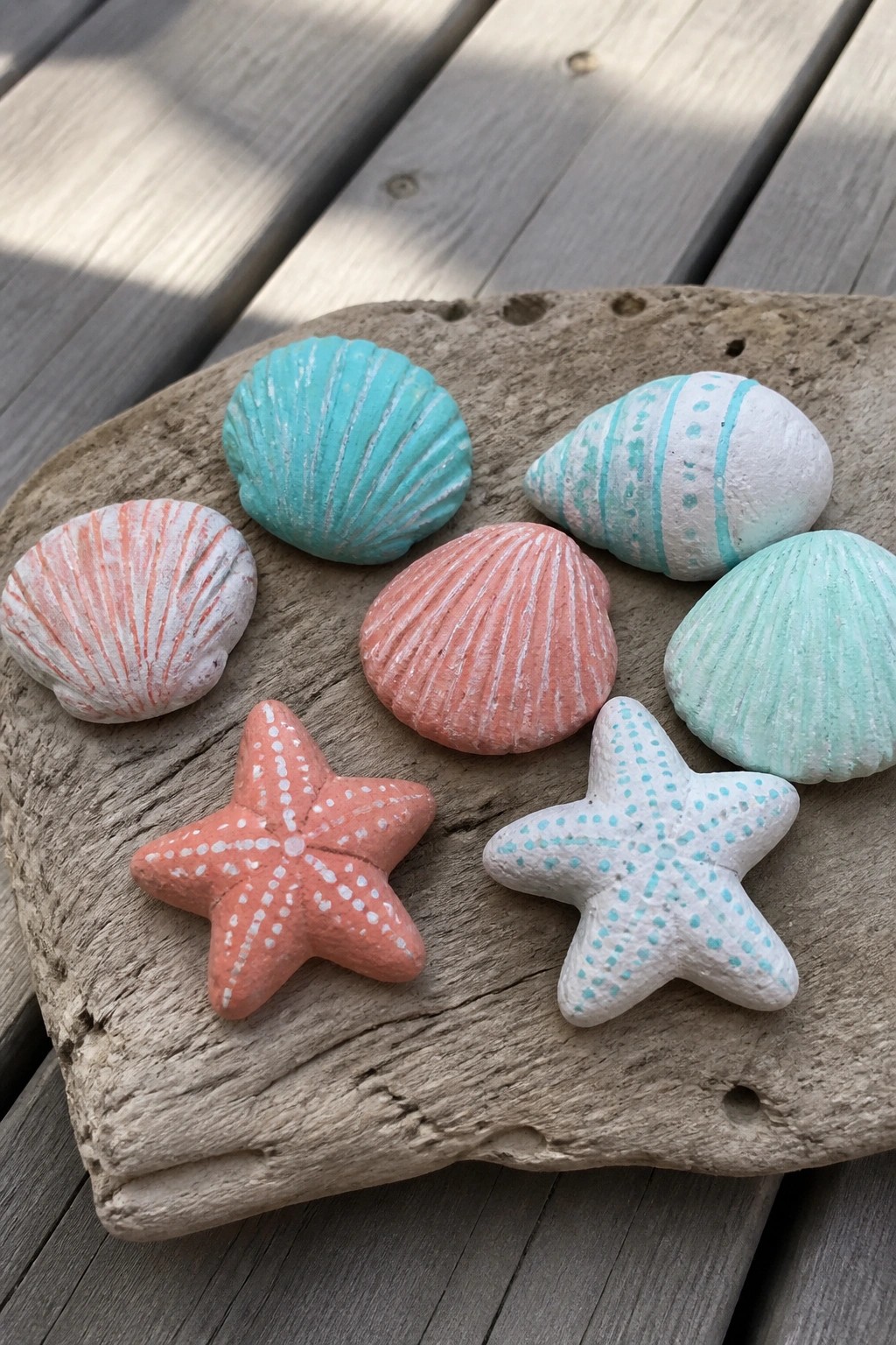 Painted rocks shaped like seashells and starfish in coral, turquoise, mint, and white sit on a piece of driftwood.