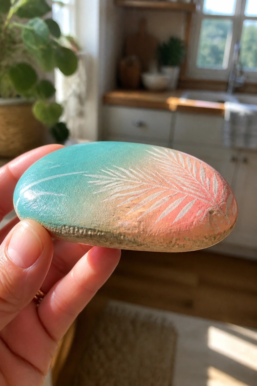A hand holds an oval stone painted with a turquoise to coral gradient and white palm frond designs.