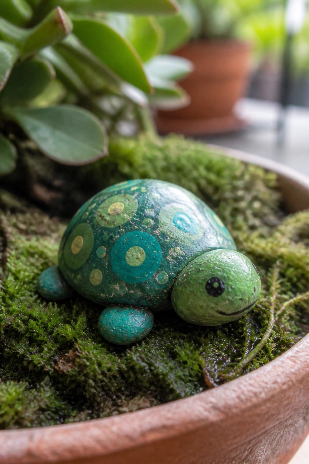 Green painted turtle figurine with patterns on moss in terracotta pot
