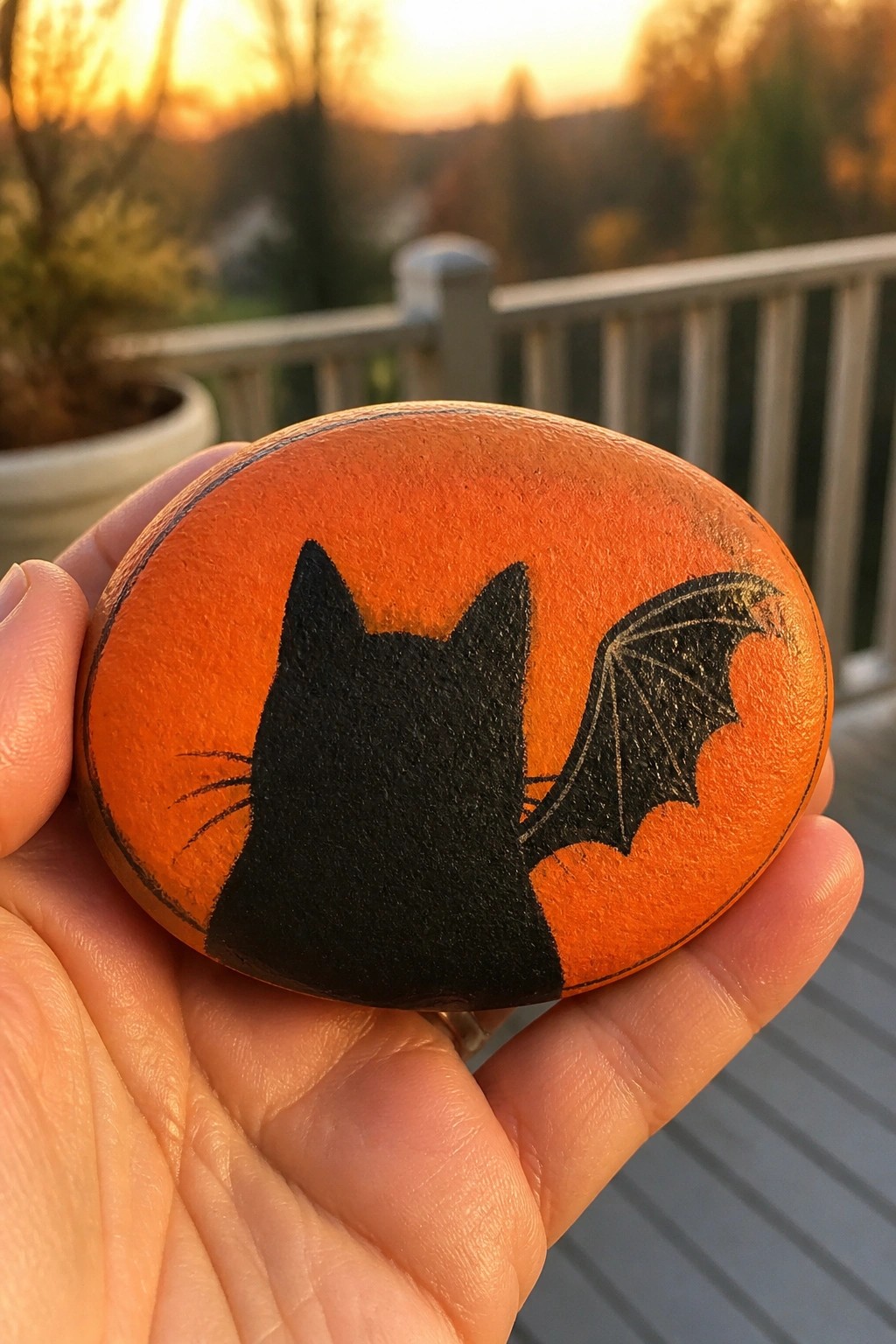 Hand holding orange rock painted with black cat-bat wings silhouette at sunset