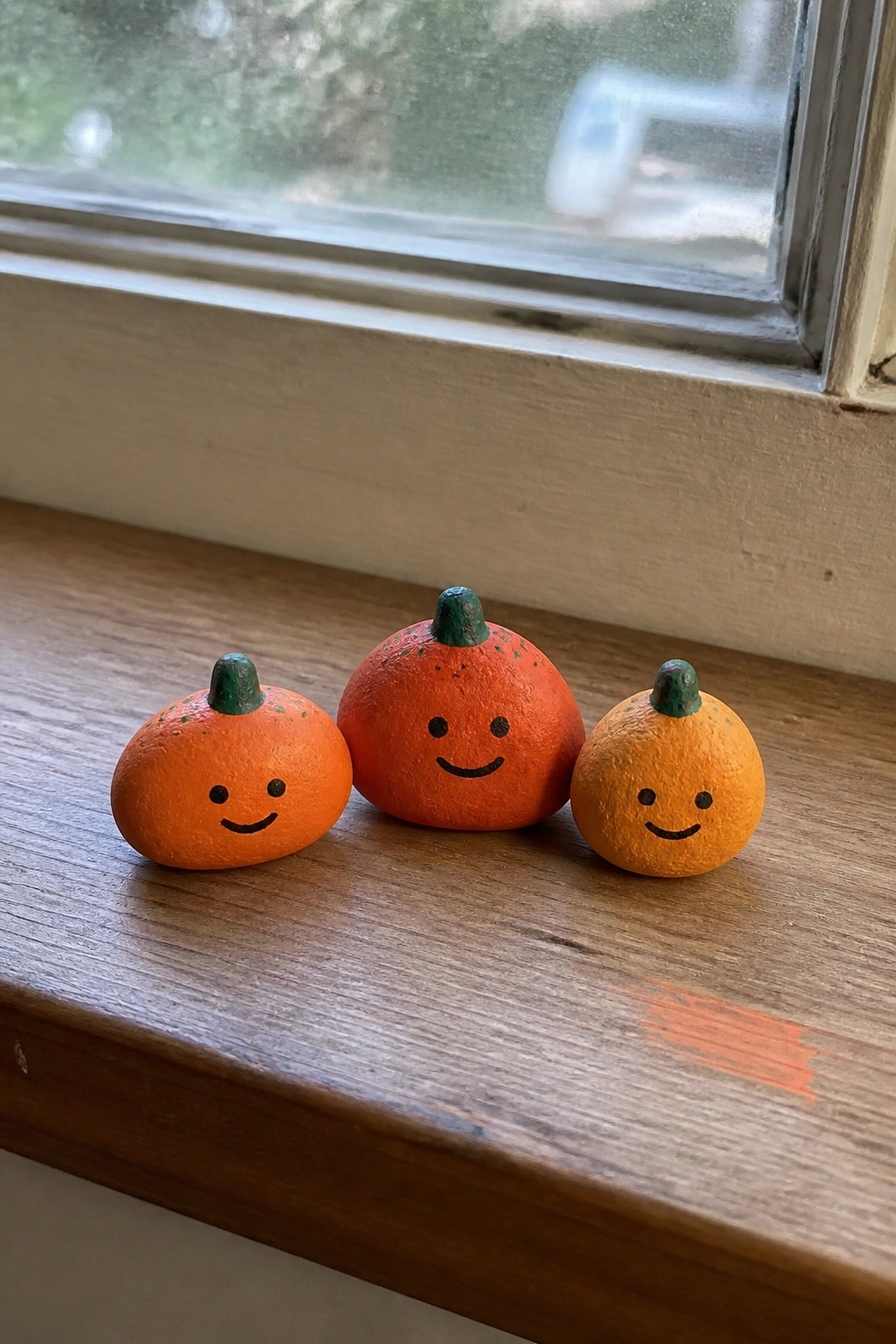 Three small orange painted rocks with green stems and black smiling faces rest on a wooden windowsill.