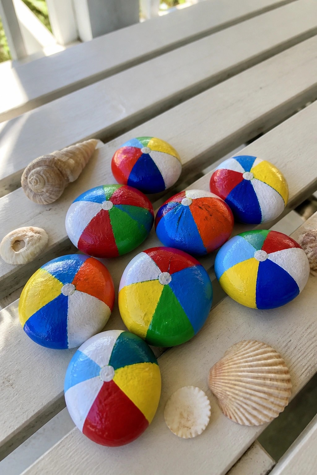 Colorful beach ball painted rocks with seashells on white wooden slats