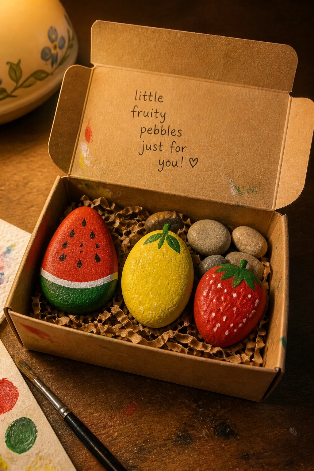 Three painted rocks resembling a watermelon slice, lemon, and strawberry sit inside an open cardboard box with plain pebbles.