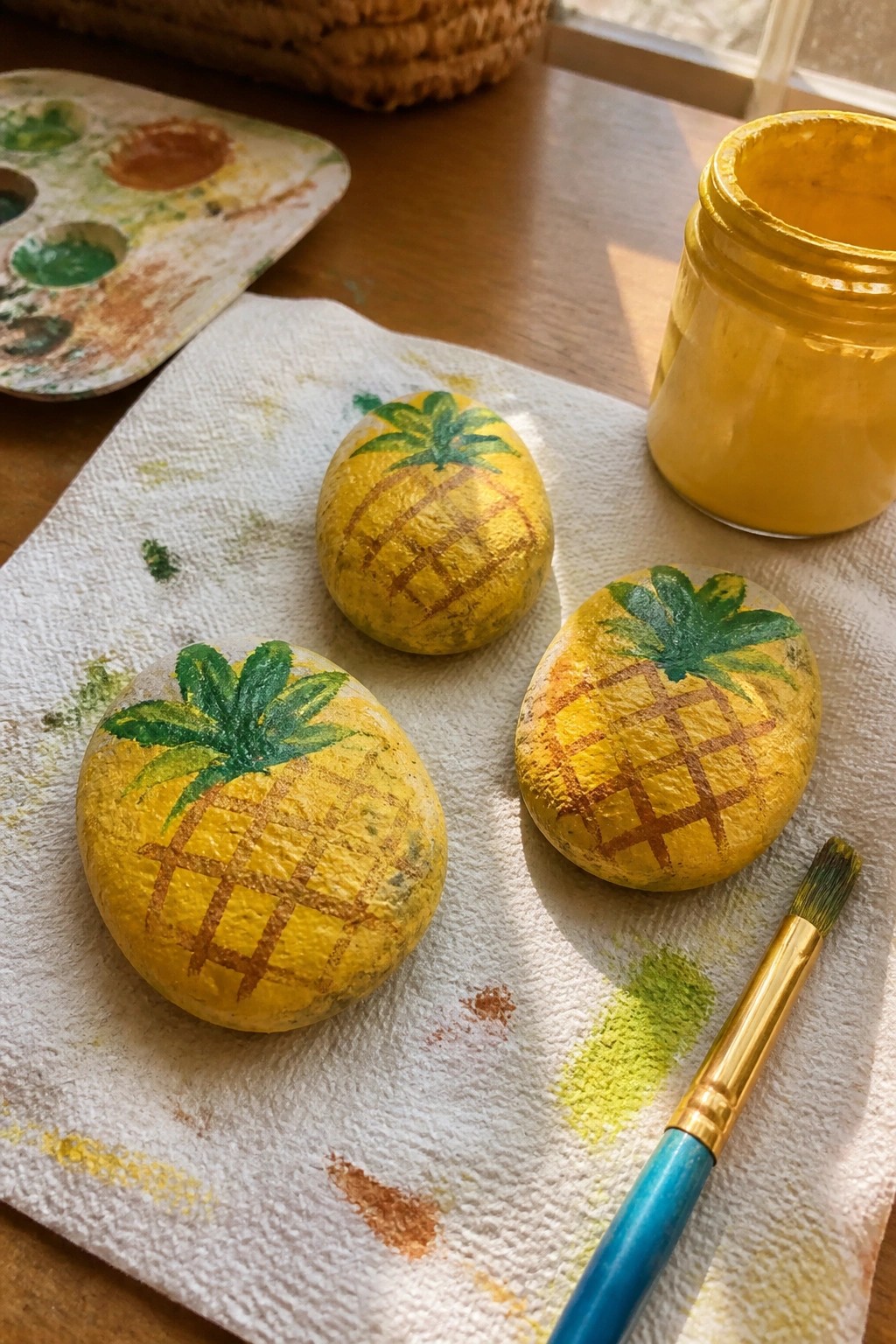 Three pineapple-painted rocks on a stained paper towel beside yellow paint and a brush.