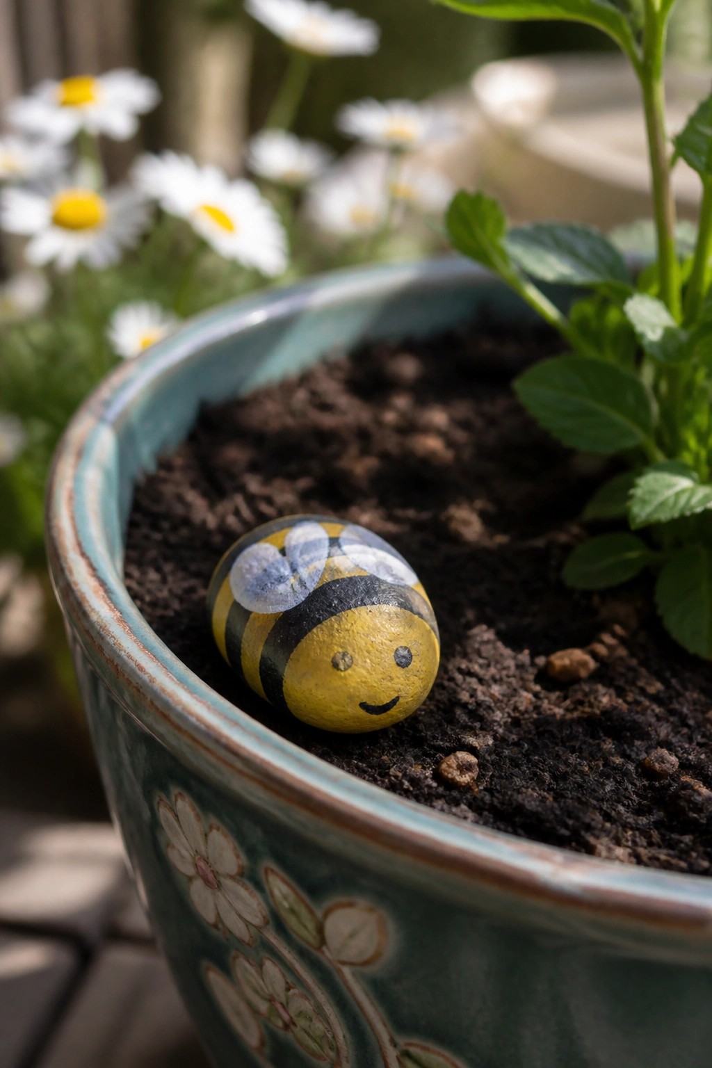 Painted yellow bumblebee rock with stripes in turquoise floral ceramic pot soil