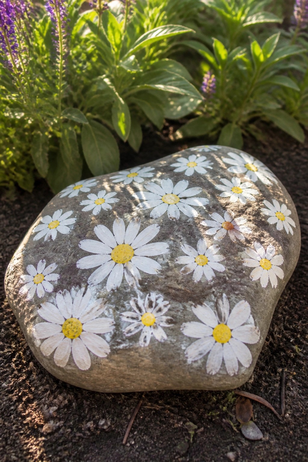 A gray rounded rock painted with multiple white daisies that have yellow centers sits on dark soil among green plants.