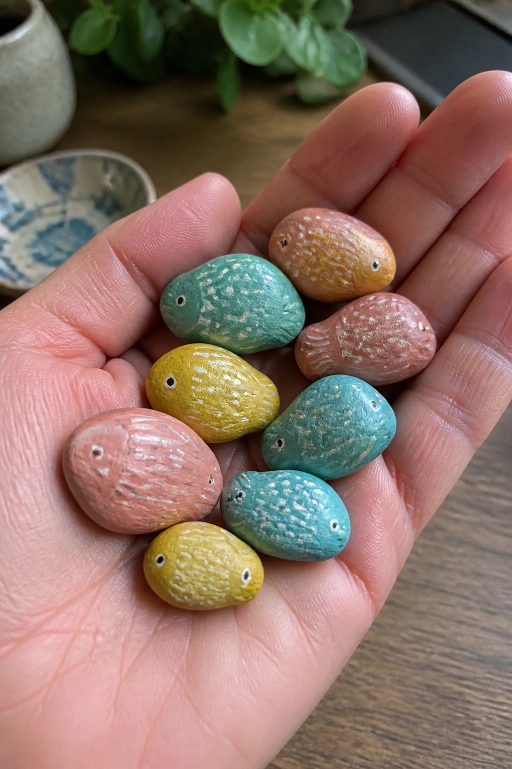 Hand holding eight colorful painted fish-shaped pebbles in teal, yellow, and pink.