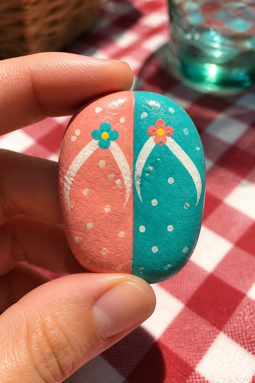 A hand holding an oval rock painted to look like two flip-flops, one pink and one teal, with white straps and small flowers.