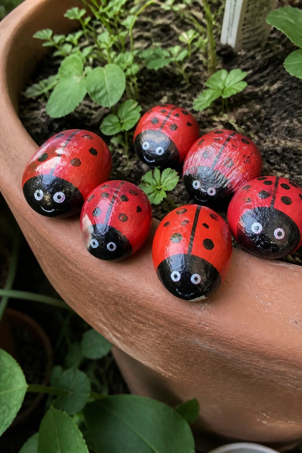 Several oval rocks painted as red ladybugs with black spots and faces rest on the rim of a terracotta plant pot.