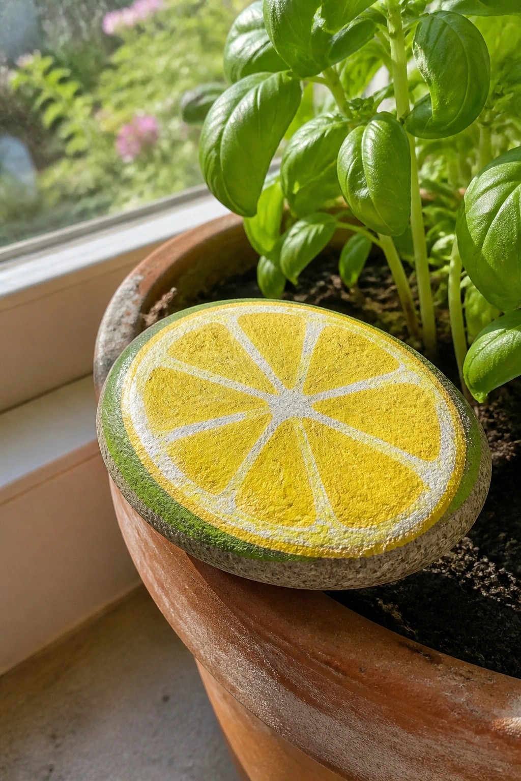 Painted lemon slice rock in basil-filled terracotta pot on sunny windowsill.