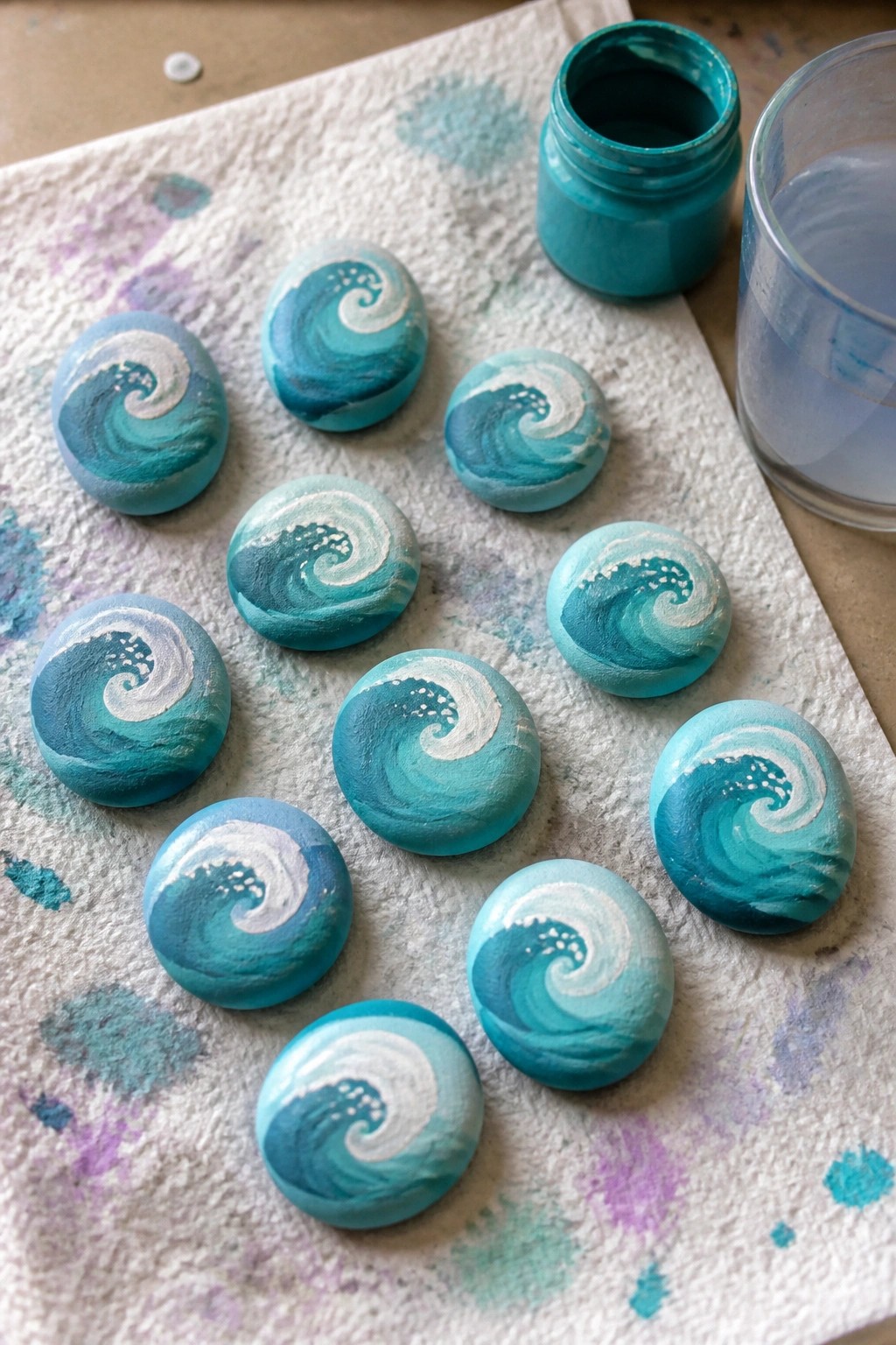 Several small rounded stones painted with blue wave designs sit on a paper towel beside an open jar of turquoise paint.