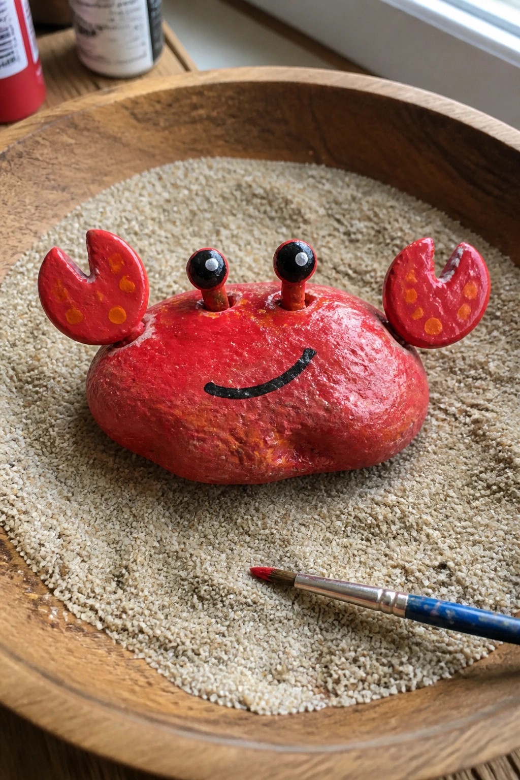 Red rock crab with spotted claws and smile in sandy wooden bowl beside paintbrush.