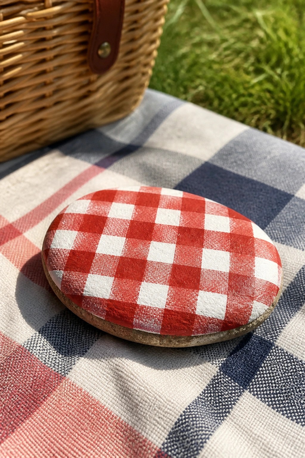 Red and white checkered painted rock on picnic blanket near wicker basket.