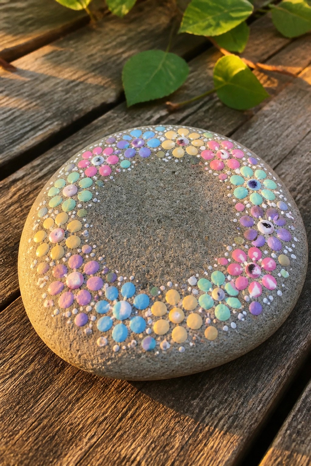 Round stone with colorful dot patterns on wood beside green leaves.