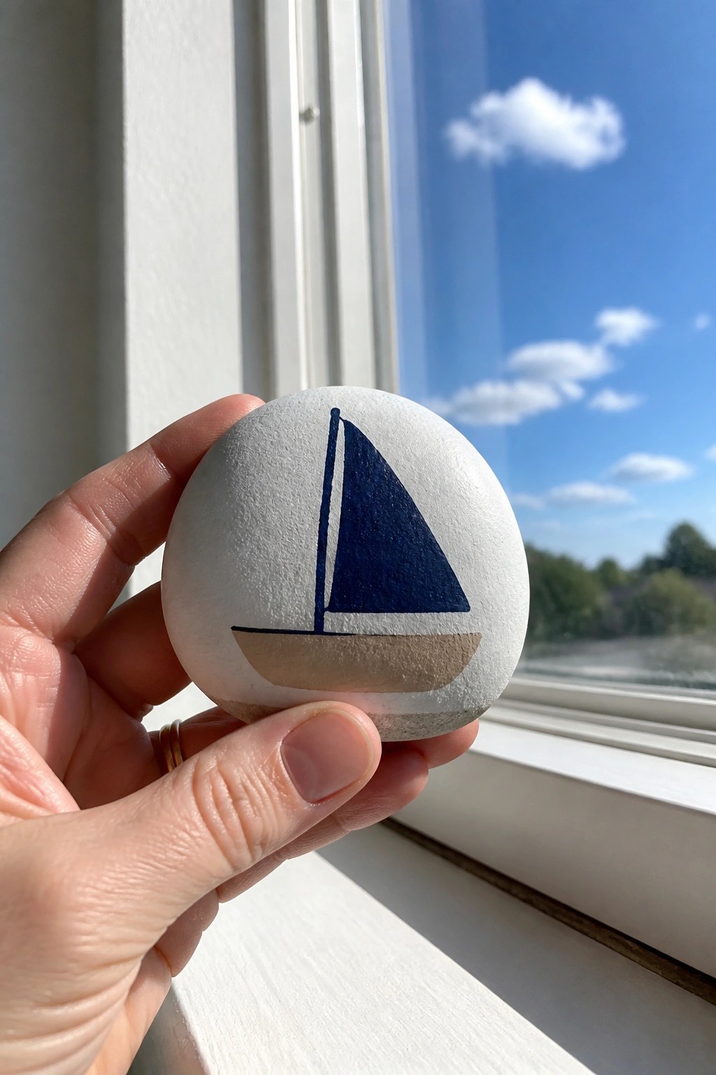 Hand holding white stone painted with blue sailboat by sunny window.