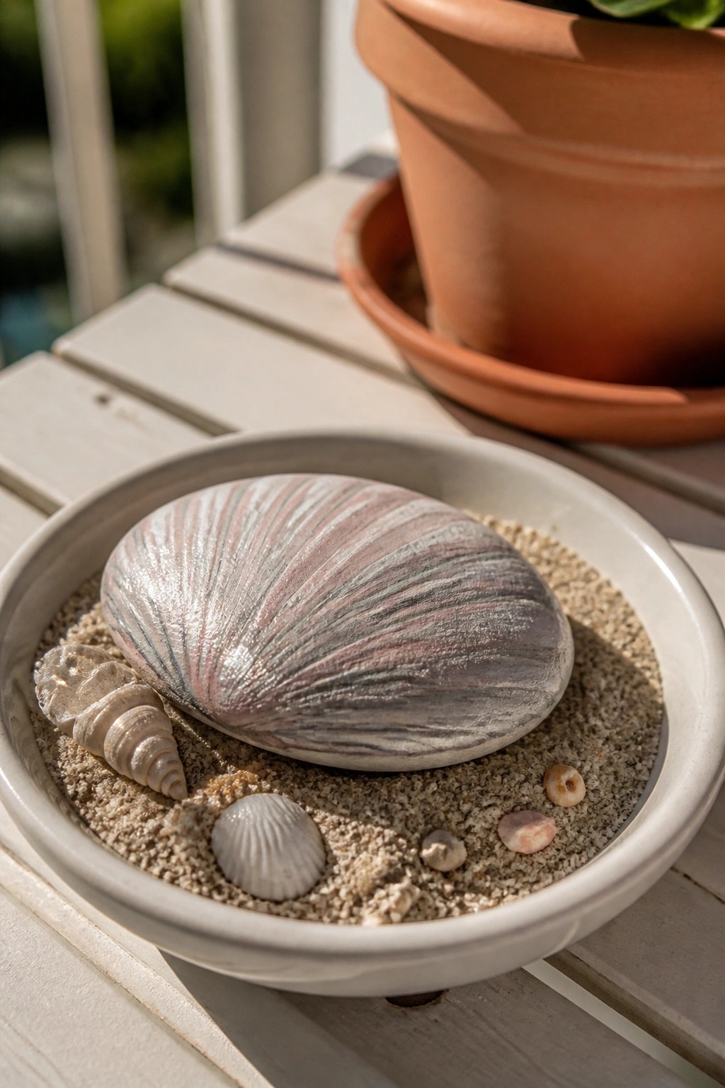 Sand-filled white bowl with large striped shell, small seashells, and terracotta pot nearby
