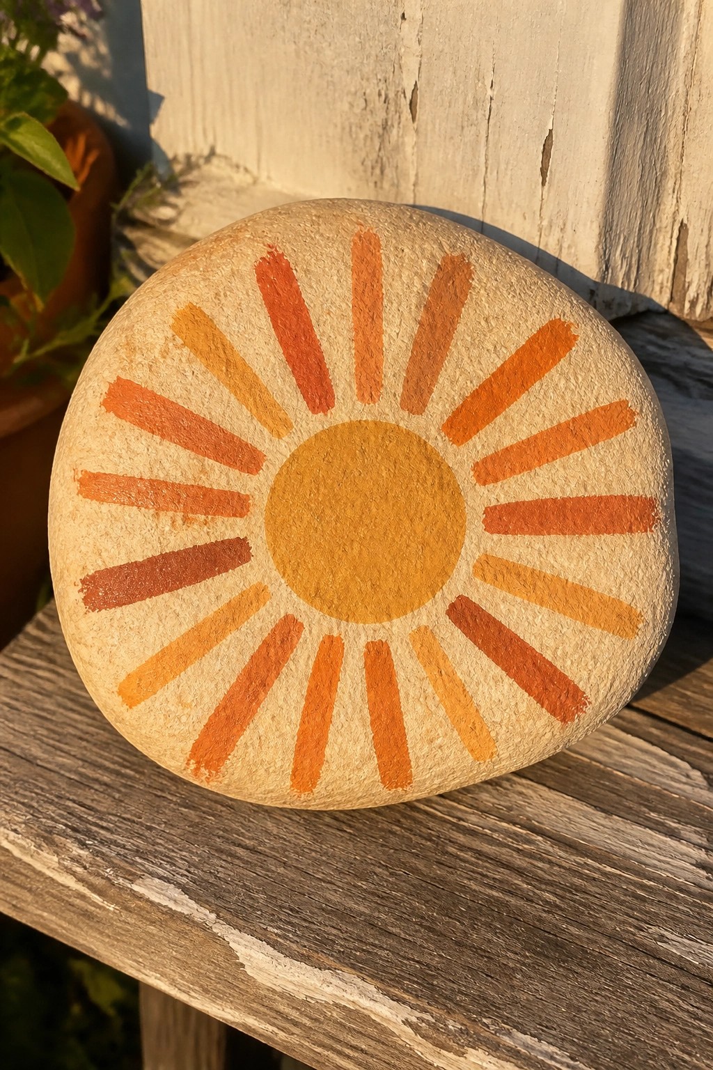 Painted stone with golden sun center and orange-yellow radiating rays on wood