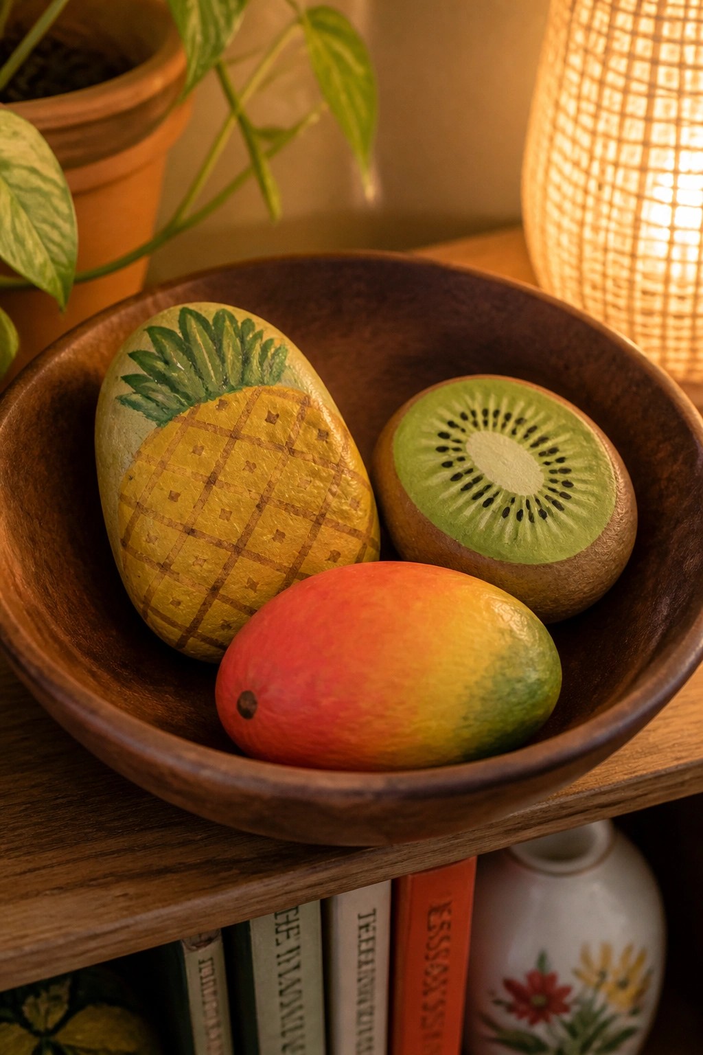 Three painted rocks resembling a pineapple, a kiwi half, and a mango sit inside a dark wooden bowl.