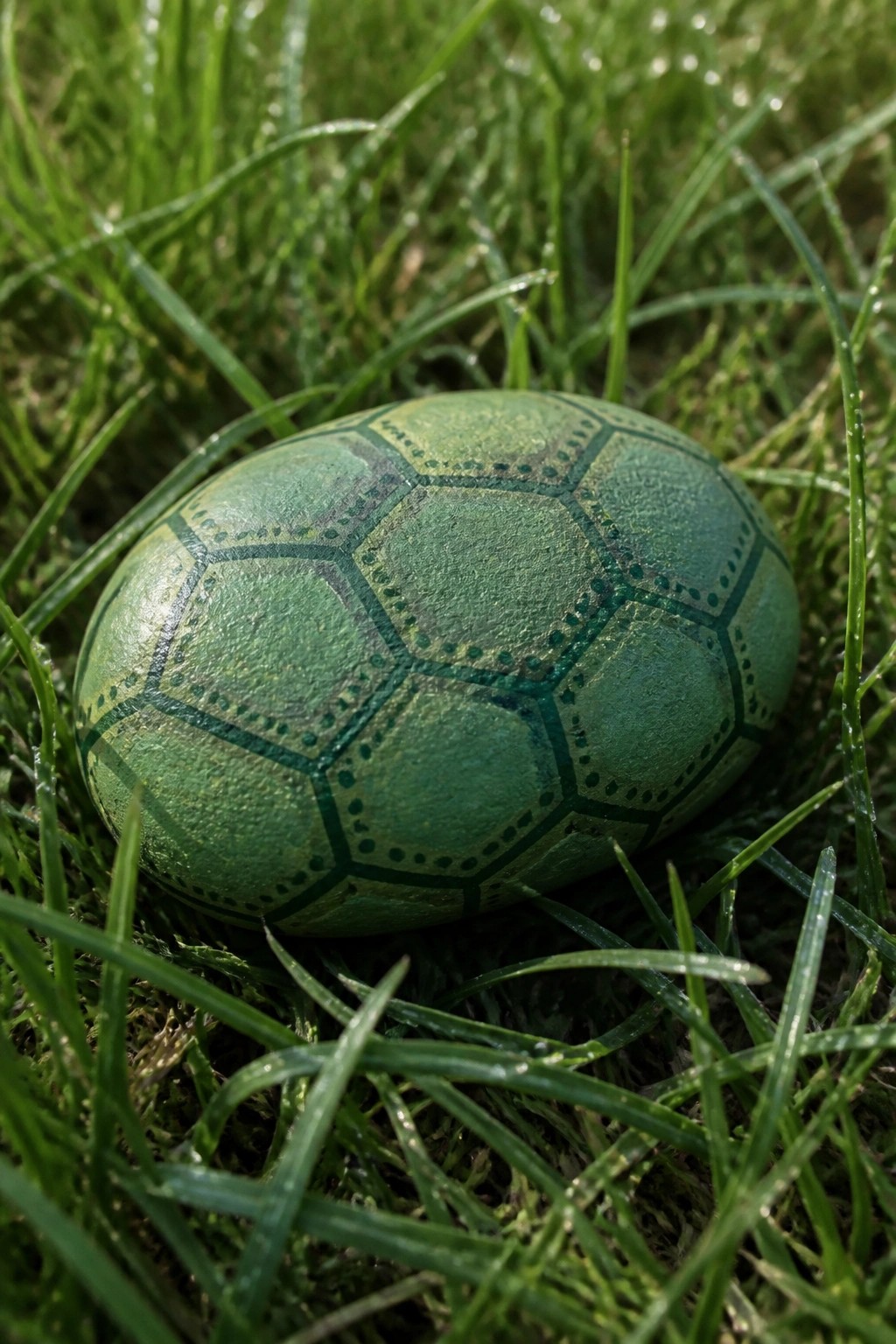 Green egg with turtle shell pattern resting in dewy grass