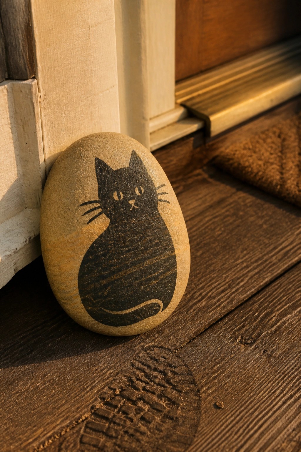 Painted stone with black cat on wooden doorstep near door and mat