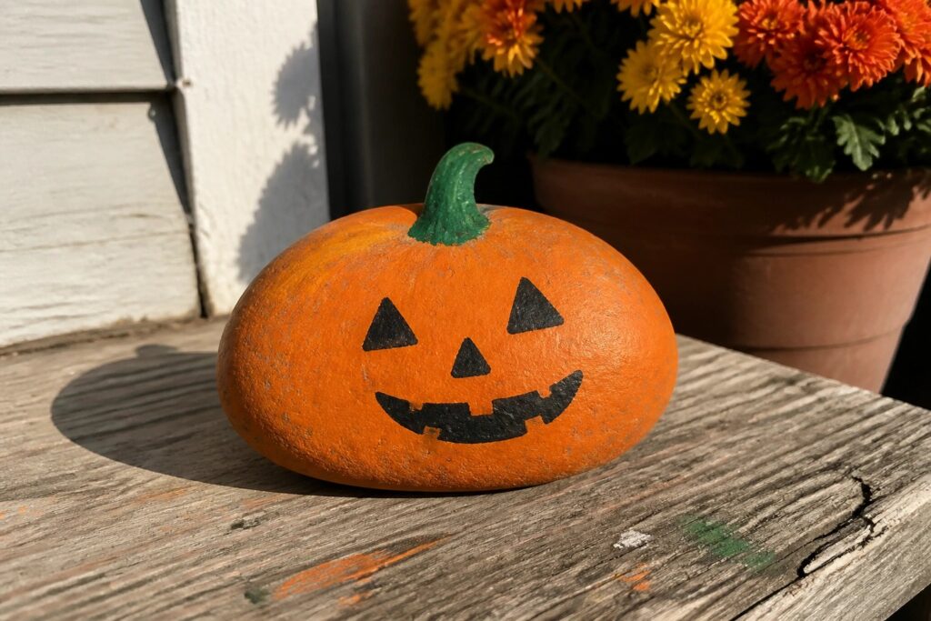 21 Fun Halloween Rock Painting Ideas to Decorate Porches and Garden Paths Small orange pumpkin with black jack-o'-lantern face on wooden table, flowers behind.