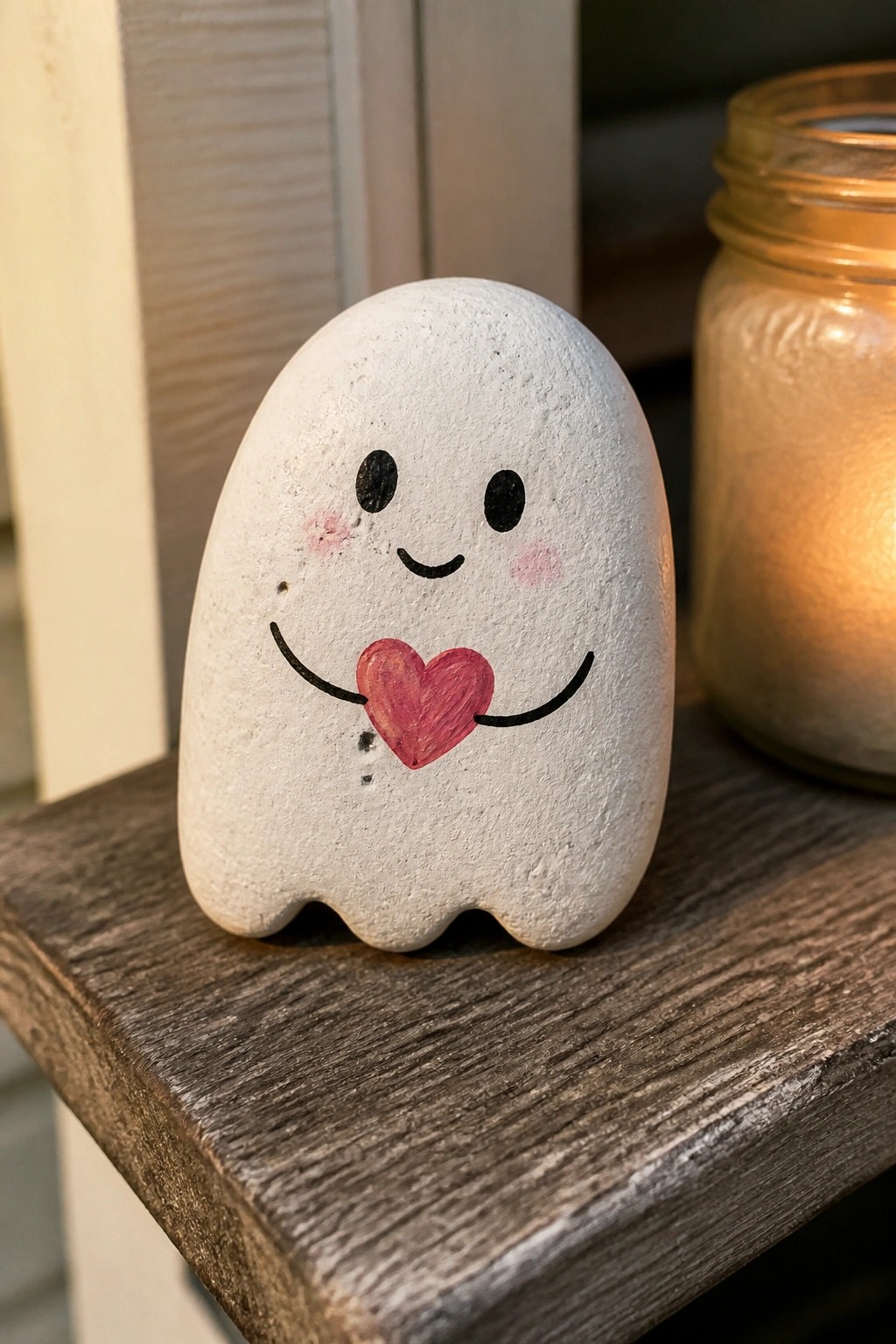 A white painted rock shaped like a ghost with a smiling face and red heart sits on a wooden surface next to a lit candle.