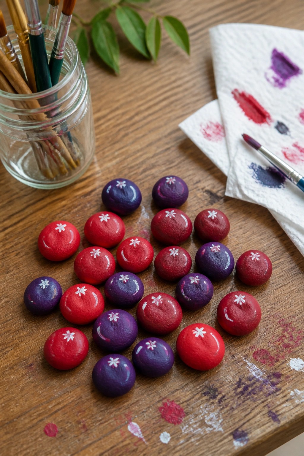 Red and purple painted stones with white flowers on wooden table beside brushes