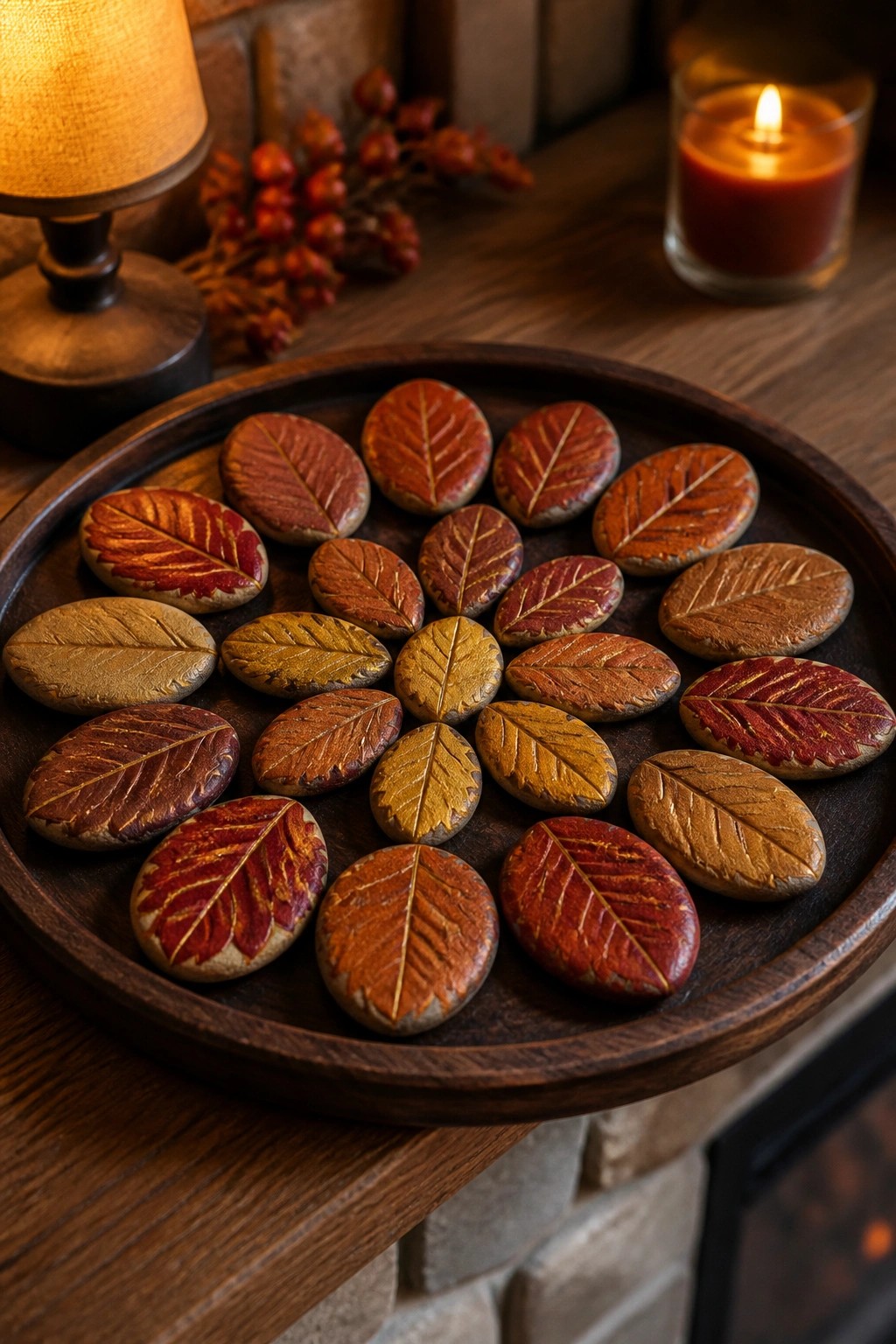 A collection of oval river rocks painted with autumn leaf veins in red, orange, yellow, and brown arranged on a dark wooden tray.