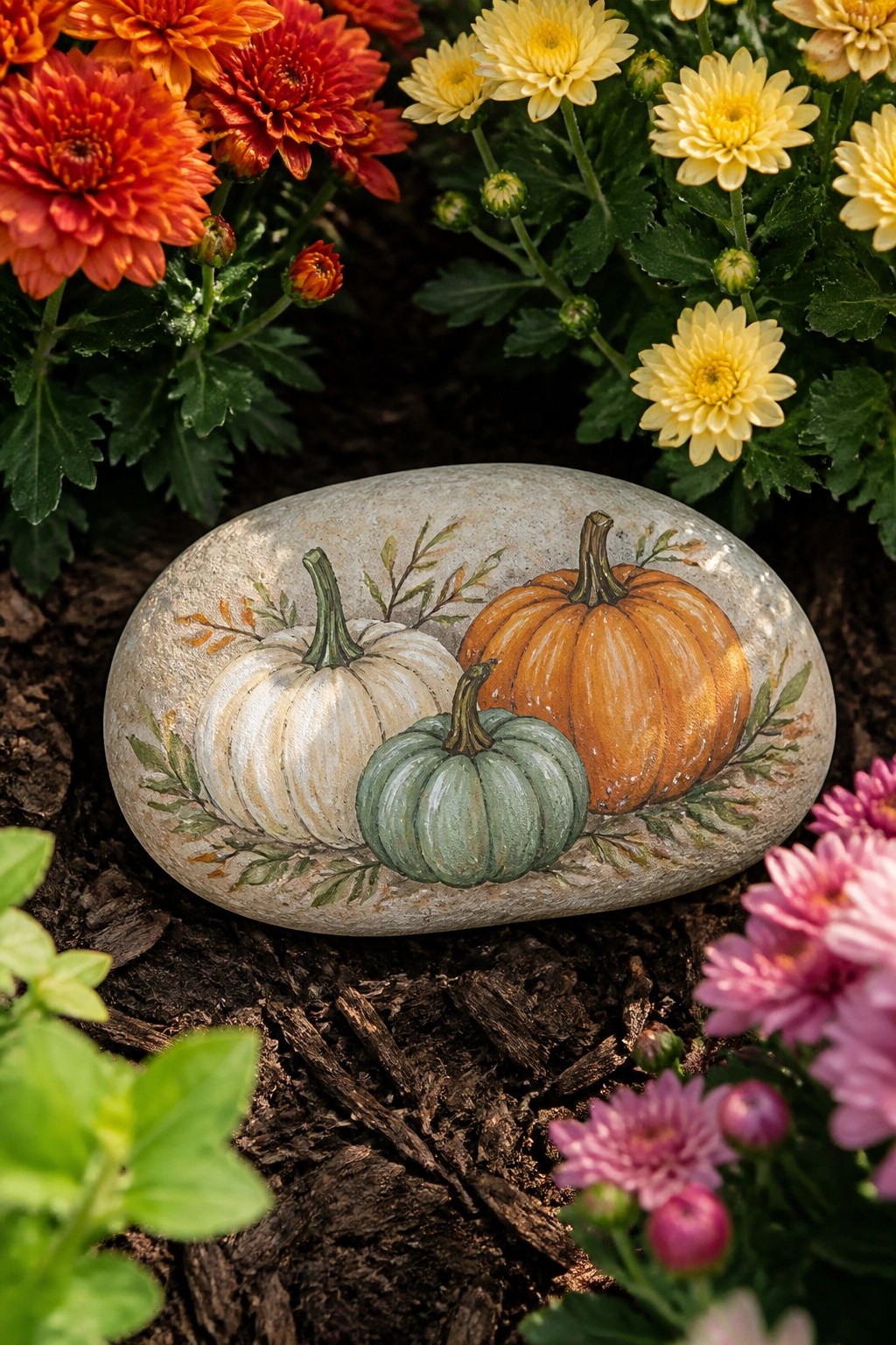 Painted rock with white, green, and orange pumpkins amid red and yellow chrysanthemums.