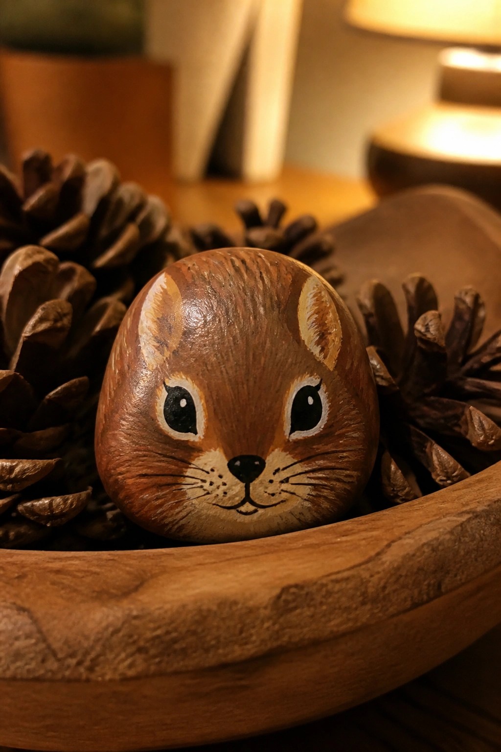 Squirrel-faced painted rock resting in wooden bowl surrounded by pinecones