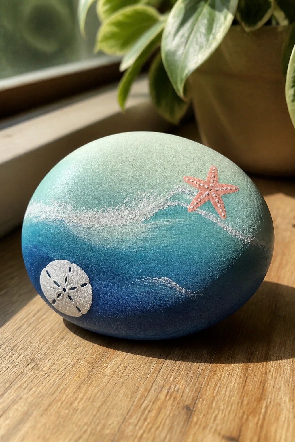 Painted rock with ocean waves, pink starfish, and white sand dollar on wood