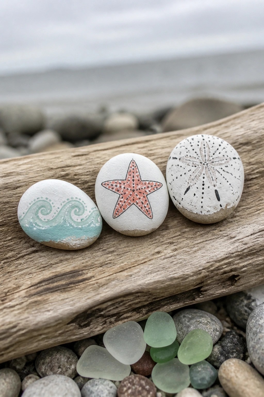 Three painted rocks on driftwood: wave, starfish, and sand dollar designs by the sea.