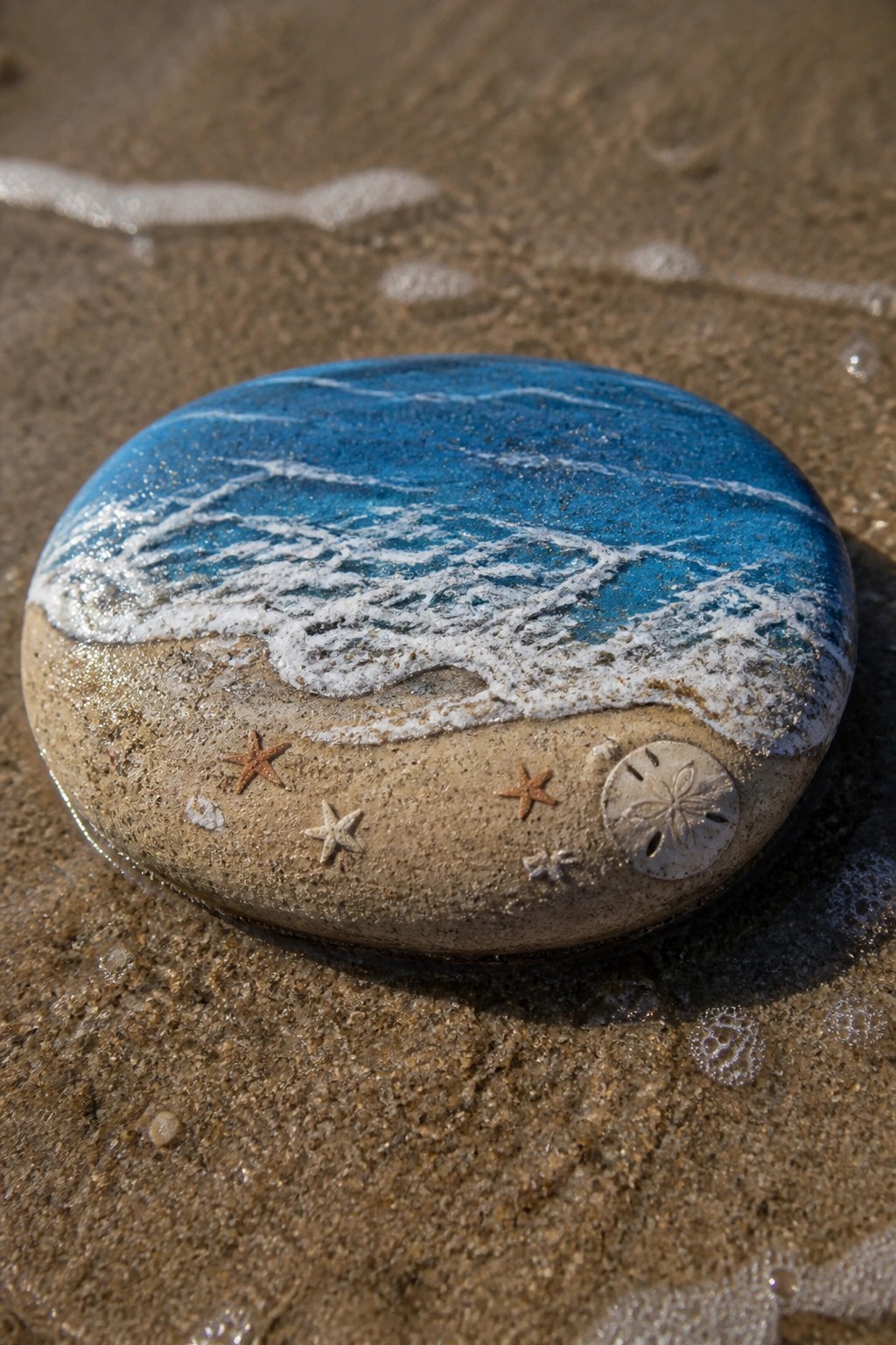 Painted beach rock with blue waves, white foam, starfish, and sand dollar.