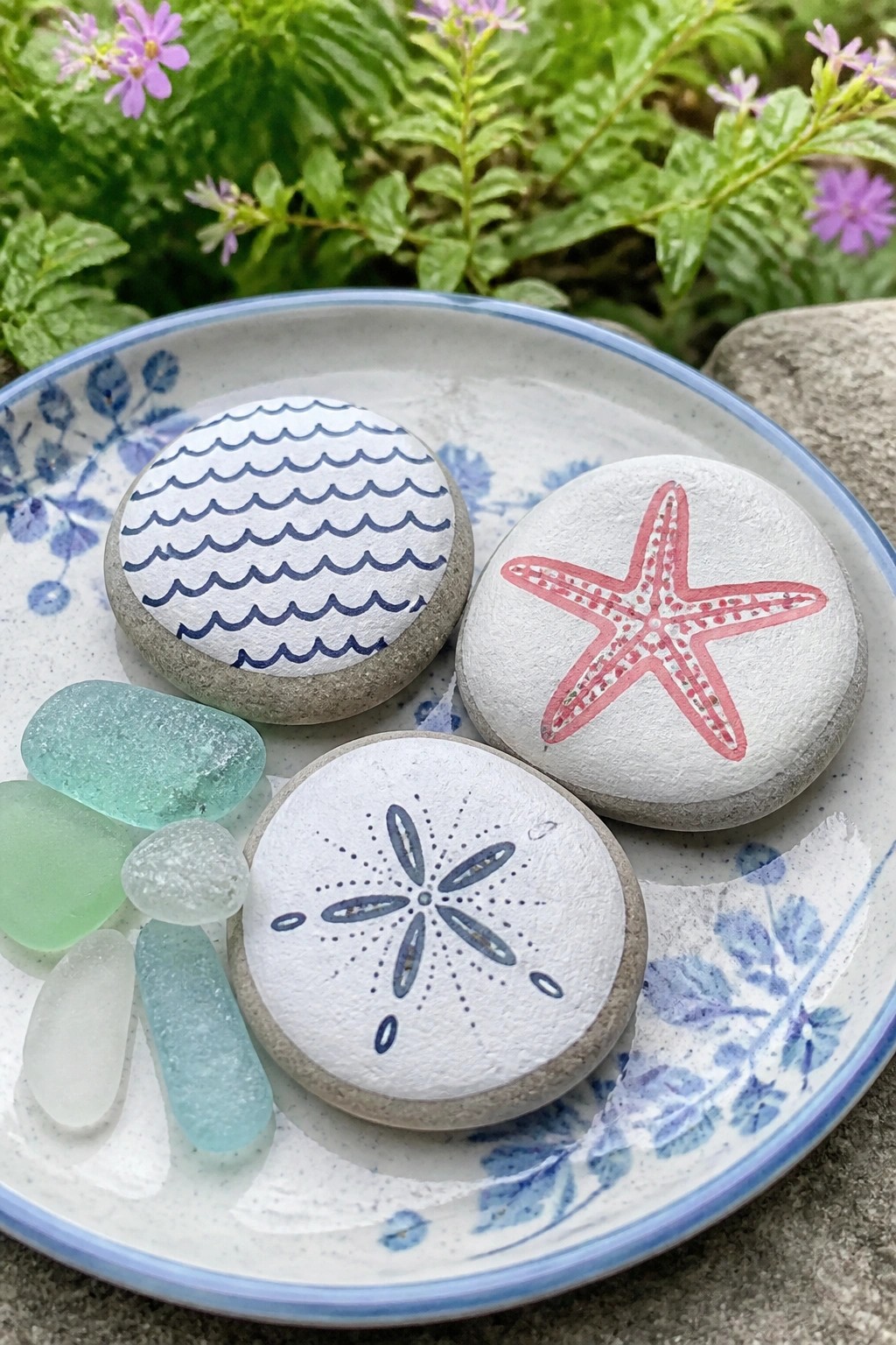 Painted rocks with wave, starfish, and sand dollar designs on a blue floral plate with sea glass.