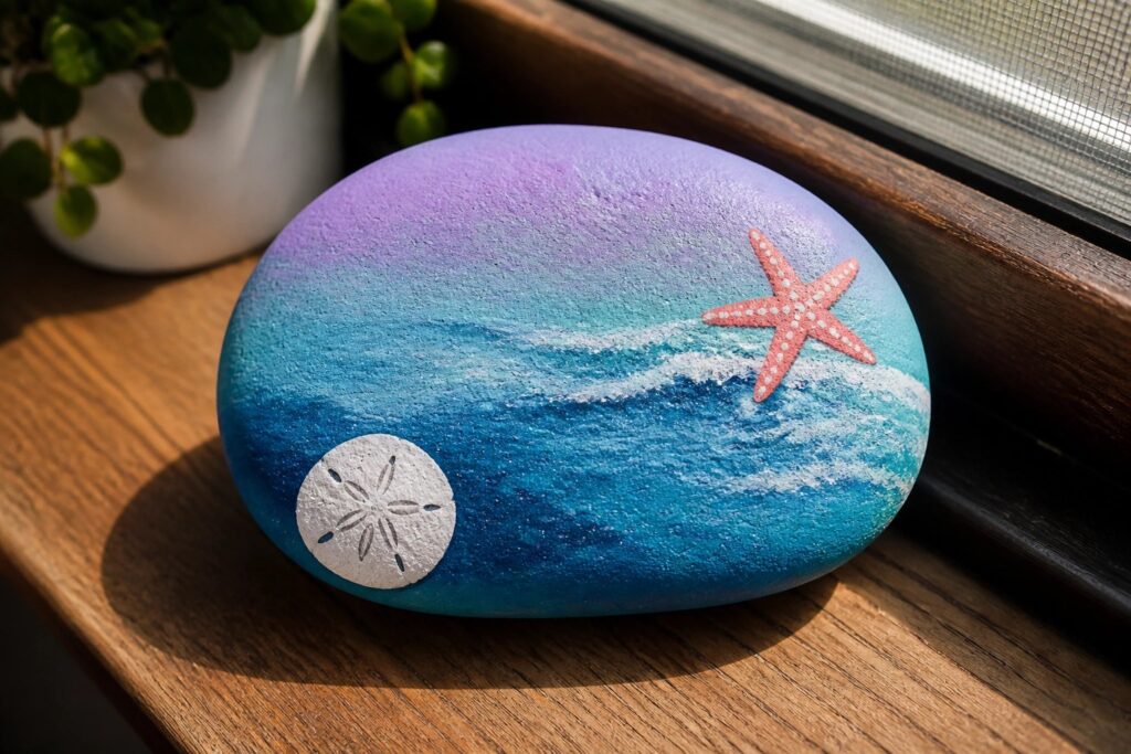 Painted rock with ocean waves, pink starfish, and white sand dollar on wood