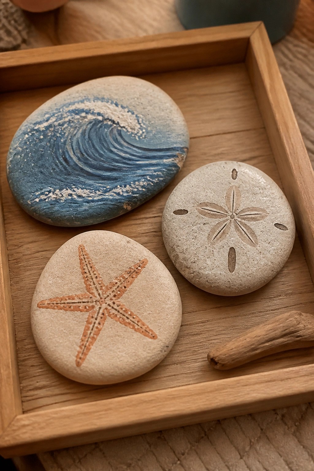 Three painted stones with wave, starfish, and sand dollar designs in wooden tray.