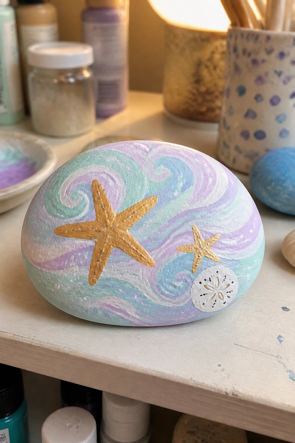 Painted rock with gold starfish and sand dollar on swirling pastel waves