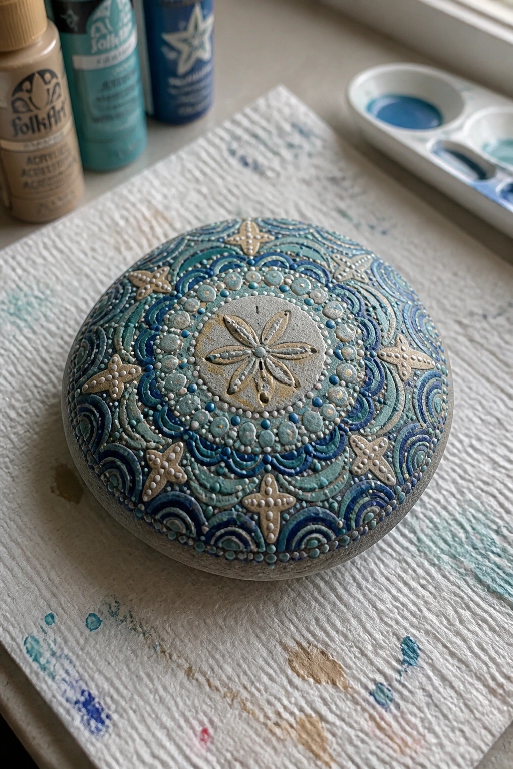 Painted stone with blue mandala, starfish, waves, and gold accents on paper towel